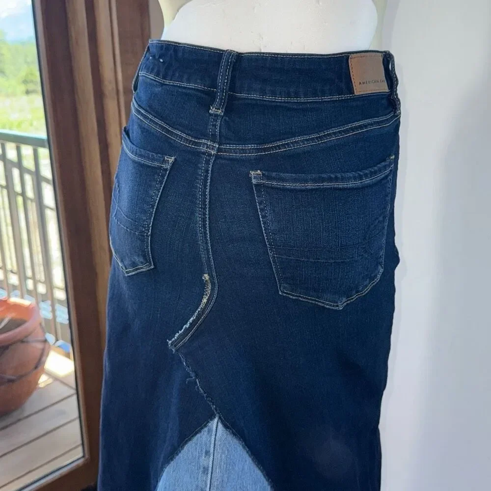 Up cycled‎ Bohemian Two Tone Blue Raw Hem Long Stretch Denim Maxi Skirt Size 6